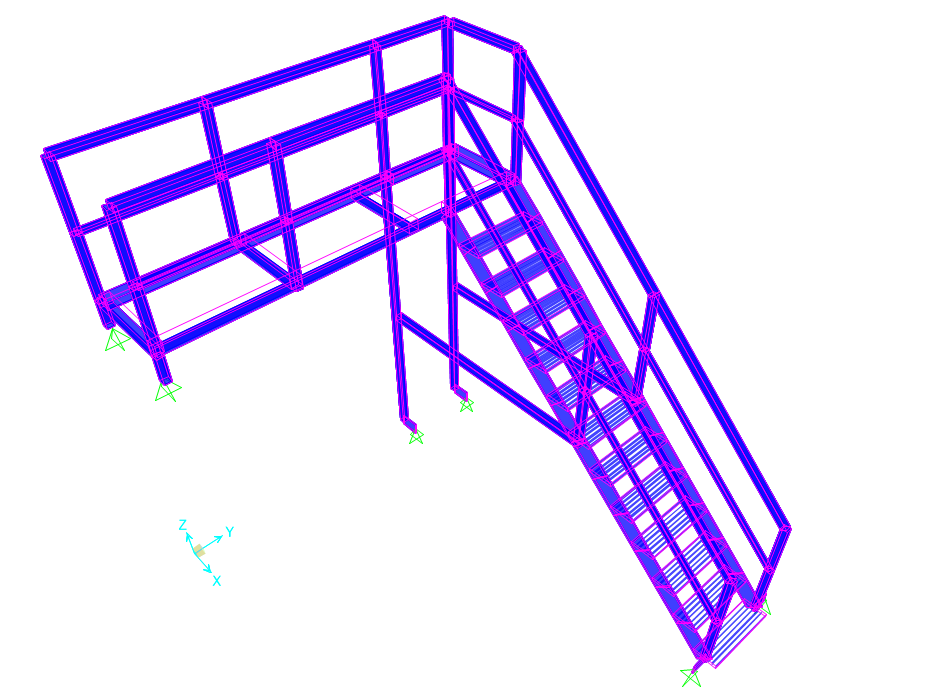 Service Trench Access Stair – Structural Model (left) and deflection contour (right) under various load combinations